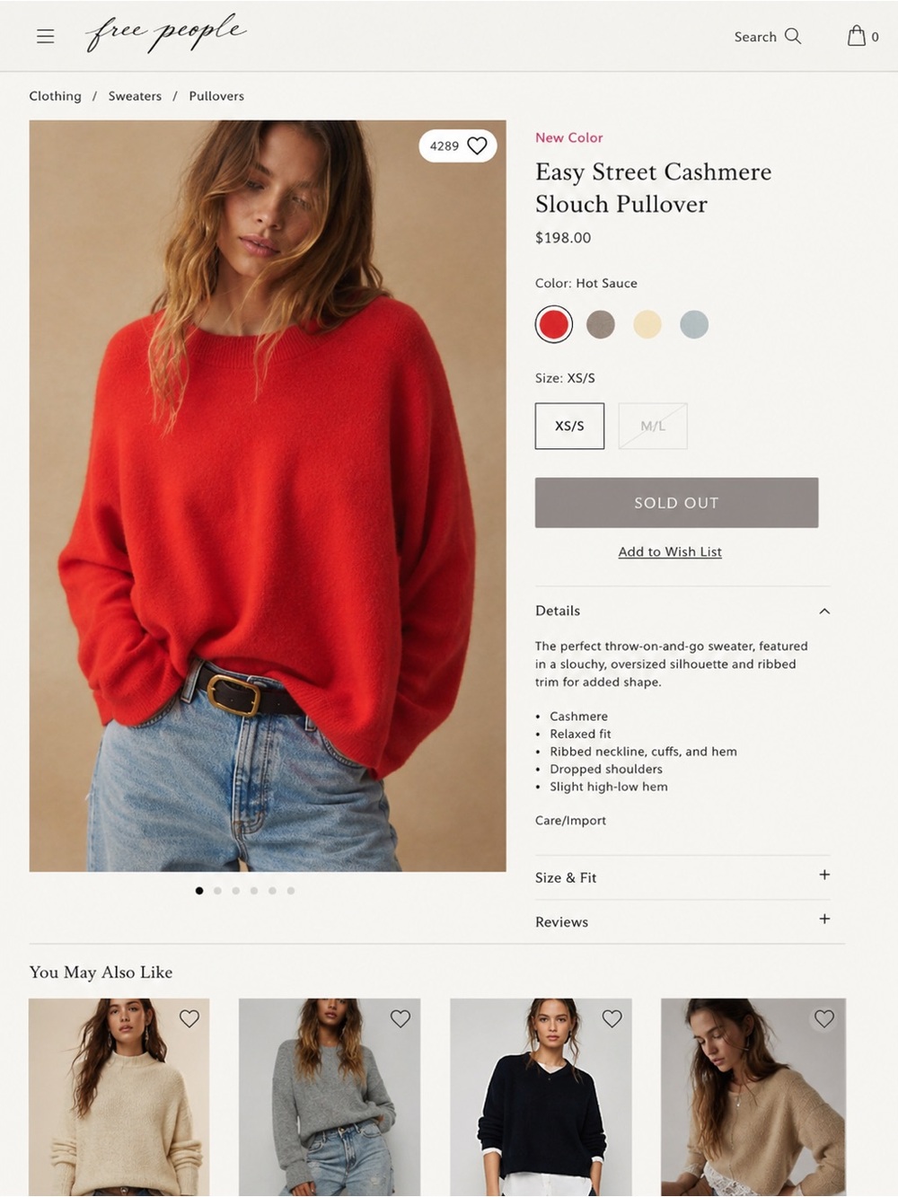 Free People Easy Street Cashmere Slouch Pullover in Hot Sauce Red